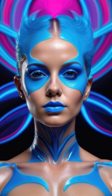 1girl,solo,looking at viewer,short hair,blue eyes,blue hair,collarbone,upper body,lips,eyelashes,makeup,watermark,lipstick,portrait,eyeshadow,nose,blue lips,long hair,multicolored hair,shiny,mask,realistic,glowing hair