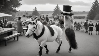 long hair,multiple girls,hat,monochrome,greyscale,outdoors,multiple boys,tree,6+girls,animal,table,sunglasses,ground vehicle,instrument,forest,6+boys,top hat,riding,horse,cane,horseback riding,bow,holding,sky,cloud,coat,bird,umbrella,formal,cloudy sky,suit,goggles,motor vehicle,road,crowd,people,cow,cart