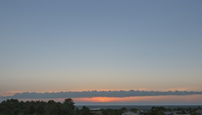 outdoors,sky,cloud,tree,blue sky,no humans,building,nature,scenery,forest,sunset,mountain,horizon,house,evening,landscape,mountainous horizon,gradient sky,orange sky,hill,ocean,plant