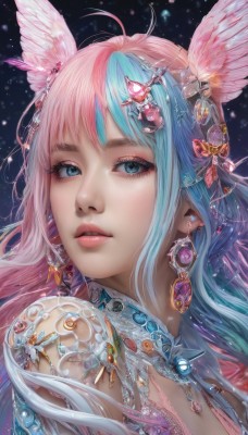 1girl,solo,long hair,looking at viewer,bangs,blue eyes,hair ornament,jewelry,blue hair,upper body,pink hair,ahoge,multicolored hair,earrings,parted lips,wings,artist name,two-tone hair,lips,eyelashes,aqua hair,makeup,lipstick,head wings,gem,portrait,eyeshadow,pink lips,realistic,nose,mascara,teeth,gradient hair,watermark,light particles,eyeliner,pearl (gemstone)