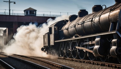 outdoors,sky,day,cloud,military,no humans,ground vehicle,building,scenery,motor vehicle,smoke,military vehicle,tank,vehicle focus,power lines,train,caterpillar tracks,railroad tracks,blue sky,train station