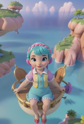 1girl,solo,looking at viewer,smile,short hair,blue eyes,brown eyes,sitting,blue hair,full body,pink hair,braid,short sleeves,multicolored hair,outdoors,sky,shoes,solo focus,cloud,water,vest,twin braids,two-tone hair,tree,lips,aqua hair,red footwear,child,watercraft,open mouth,1boy,hairband,shorts,from above,thick eyebrows