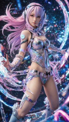 1girl,solo,long hair,breasts,looking at viewer,bangs,blue eyes,navel,cleavage,bare shoulders,medium breasts,pink hair,boots,parted lips,midriff,nail polish,blurry,lips,clothing cutout,thigh strap,floating hair,headphones,cleavage cutout,knee boots,headset,science fiction,large breasts,shorts,belt,pink eyes,short shorts