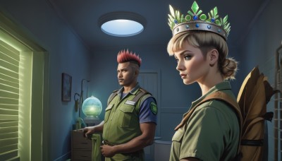 1girl,short hair,blue eyes,blonde hair,brown hair,shirt,1boy,hat,red hair,indoors,bag,hair bun,uniform,vest,lips,military,window,military uniform,facial hair,single hair bun,backpack,crown,realistic,nose,lamp,mohawk