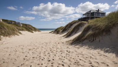 outdoors,sky,day,cloud,water,tree,blue sky,no humans,shadow,ocean,beach,cloudy sky,grass,building,scenery,mountain,sand,horizon,road,field,house,landscape,hill,ground vehicle,motor vehicle,rock,shore