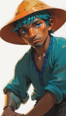 solo,looking at viewer,blue eyes,simple background,shirt,1boy,hat,white background,jewelry,closed mouth,blue hair,upper body,male focus,earrings,pants,dark skin,bracelet,lips,aqua hair,facial hair,dark-skinned male,blue shirt,beard,straw hat,goatee,realistic,cowboy hat