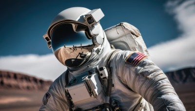 solo,1boy,upper body,male focus,outdoors,sky,day,cloud,bag,blurry,military,depth of field,blurry background,backpack,helmet,1other,science fiction,mountain,realistic,ambiguous gender,american flag,spacesuit,desert,japanese flag,pilot,united states,astronaut,blue sky,moon,reflection,pilot suit,space,planet,earth (planet),spacecraft,space helmet