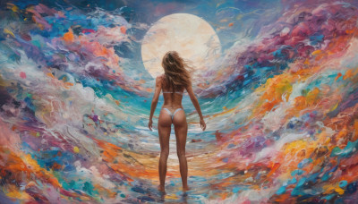 1girl, solo, long hair, brown hair, standing, swimsuit, ass, bikini, sky, barefoot, cloud, dark skin, water, from behind, dark-skinned female, back, white bikini, moon, full moon, wading, arms at sides, facing away