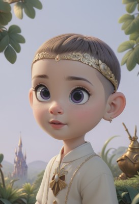 1girl,solo,short hair,open mouth,brown hair,shirt,jewelry,purple eyes,white shirt,upper body,earrings,outdoors,parted lips,sky,teeth,day,collared shirt,necklace,lips,leaf,grass,tiara,plant,building,child,freckles,female child,male child,castle,looking at viewer,eyelashes,bird,portrait,very short hair