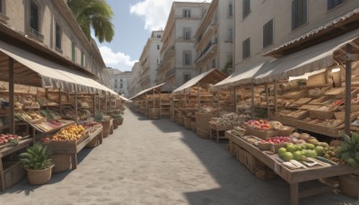 outdoors,food,sky,day,cloud,tree,blue sky,no humans,window,fruit,shadow,chair,table,sunlight,plant,building,scenery,city,palm tree,apple,basket,potted plant,road,cityscape,house,doughnut,bread,street,meat,shop,banana,vegetable,barrel,pavement,baguette,cloudy sky,bottle,stairs,crate