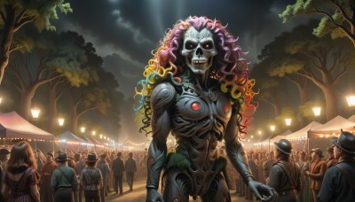 1girl,long hair,multiple girls,hat,standing,multicolored hair,outdoors,japanese clothes,multiple boys,sky,teeth,solo focus,cloud,uniform,tree,gradient hair,mask,night,glowing,cloudy sky,glowing eyes,6+boys,skull,monster,lantern,police,skeleton,extra eyes,zombie,crowd,red eyes,pink hair,holding hands,curly hair