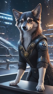 solo,looking at viewer,smile,brown eyes,standing,jacket,male focus,outdoors,belt,artist name,blurry,black jacket,no humans,night,animal,building,night sky,furry,dog,city,animal focus,police,police uniform,black fur,1girl,closed mouth,claws,realistic,emblem,wolf