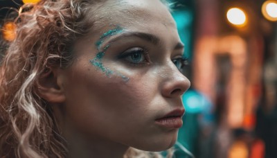 1girl,solo,long hair,blue eyes,blonde hair,parted lips,blurry,lips,eyelashes,profile,depth of field,blurry background,portrait,close-up,realistic,nose,freckles,science fiction,curly hair,light