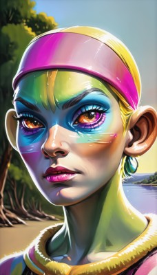 1girl,solo,looking at viewer,short hair,blonde hair,brown eyes,jewelry,hairband,earrings,parted lips,teeth,water,necklace,lips,orange eyes,eyelashes,makeup,headband,colored skin,lipstick,portrait,eyeshadow,realistic,nose,facepaint,green skin,very short hair,outdoors,tree,mask