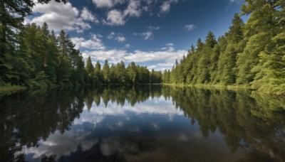 outdoors,sky,day,cloud,water,tree,blue sky,no humans,cloudy sky,nature,scenery,forest,reflection,landscape,sunlight,fantasy,lake,reflective water