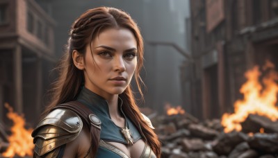 1girl,solo,long hair,breasts,looking at viewer,brown hair,cleavage,brown eyes,jewelry,medium breasts,closed mouth,upper body,braid,outdoors,necklace,armor,blurry,lips,blurry background,fire,shoulder armor,pauldrons,realistic,nose,depth of field,portrait