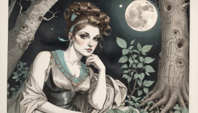 1girl,solo,breasts,looking at viewer,blush,brown hair,hair ornament,dress,cleavage,brown eyes,jewelry,medium breasts,collarbone,upper body,earrings,outdoors,sky,necklace,hair bun,tree,lips,night,leaf,moon,plant,star (sky),night sky,full moon,starry sky,branch,updo,bare shoulders,makeup,pale skin,hand on own chin