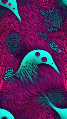 solo,looking at viewer,purple eyes,artist name,black eyes,no humans,bird,animal,watermark,fish,animal focus,pink background,monster,creature,extra eyes,colorful,surreal,abstract