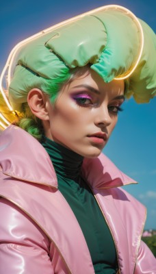 1girl,solo,looking at viewer,short hair,blonde hair,shirt,closed mouth,green eyes,jacket,upper body,multicolored hair,outdoors,green hair,open clothes,sky,day,artist name,blue sky,lips,coat,eyelashes,makeup,turtleneck,watermark,lipstick,web address,eyewear on head,eyeshadow,freckles,realistic,nose,pink jacket,mascara,blurry,blurry background,portrait