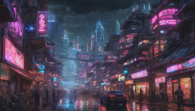 outdoors, multiple boys, sky, cloud, night, ground vehicle, building, scenery, motor vehicle, science fiction, rain, city, sign, car, road, cityscape, dark, street, skyscraper, city lights, cyberpunk, neon lights