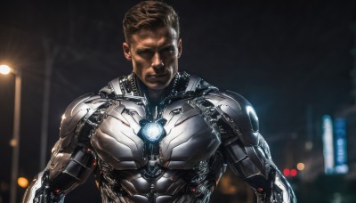 solo,looking at viewer,short hair,brown hair,1boy,closed mouth,upper body,male focus,dark skin,blurry,blurry background,dark-skinned male,science fiction,realistic,cyborg,power armor,cyberpunk,blonde hair,outdoors,armor,muscular,night,glowing,scar,light