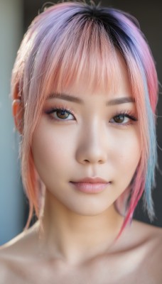 1girl,solo,looking at viewer,smile,short hair,bangs,brown eyes,closed mouth,blue hair,collarbone,pink hair,multicolored hair,two-tone hair,lips,makeup,portrait,realistic,nose,nude,blurry,eyelashes,blurry background,close-up