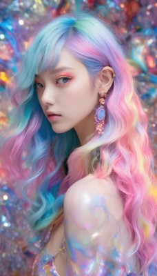 1girl,solo,long hair,breasts,looking at viewer,bangs,blue eyes,bare shoulders,jewelry,medium breasts,closed mouth,blue hair,upper body,pink hair,multicolored hair,earrings,necklace,blurry,from side,two-tone hair,lips,see-through,eyelashes,gradient hair,makeup,blurry background,wavy hair,piercing,gem,ear piercing,eyeshadow,freckles,pink lips,realistic,nose,eyeliner,mascara,dress,artist name,looking to the side,sideboob,expressionless,lipstick,rainbow hair