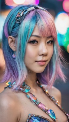 1girl,solo,breasts,looking at viewer,smile,short hair,bangs,cleavage,bare shoulders,brown eyes,jewelry,medium breasts,closed mouth,blue hair,upper body,pink hair,multicolored hair,hairband,earrings,medium hair,necklace,blurry,black eyes,two-tone hair,lips,eyelashes,aqua hair,gradient hair,makeup,depth of field,blurry background,gem,freckles,realistic,nose,blue gemstone,blue eyes,watermark,portrait,bokeh