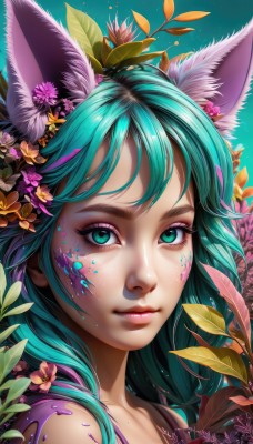 1girl,solo,long hair,looking at viewer,smile,bangs,hair ornament,animal ears,bare shoulders,closed mouth,green eyes,collarbone,upper body,flower,multicolored hair,green hair,artist name,signature,hair flower,aqua eyes,lips,animal ear fluff,gradient,fox ears,eyelashes,aqua hair,makeup,leaf,watermark,facial mark,plant,lipstick,portrait,web address,eyeshadow,freckles,pink lips,realistic,nose,facepaint,mascara