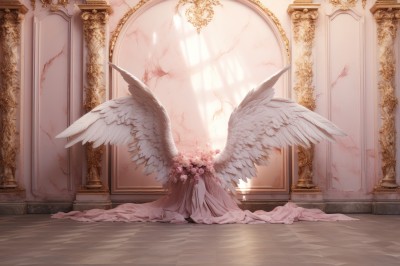 PREMIUM,1girl,solo,long hair,long sleeves,dress,sitting,standing,flower,white hair,wings,indoors,white dress,window,kneeling,blood,halo,sunlight,feathered wings,angel wings,light rays,mirror,white wings,long dress,angel,wide shot,pillar,crack,multiple wings,large wings,closed eyes,no humans,rose,scenery,pink flower,wooden floor,statue,painting (object),floor