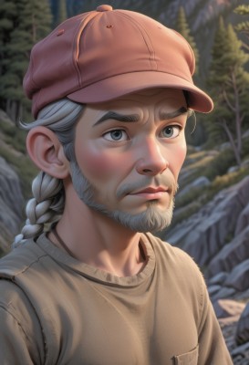 solo,long hair,shirt,1boy,hat,closed mouth,upper body,braid,white hair,grey hair,male focus,outdoors,artist name,necklace,blurry,tree,grey eyes,single braid,blurry background,facial hair,thick eyebrows,nature,beard,forest,braided ponytail,rock,realistic,nose,mustache,brown headwear,brown shirt,old,old man,blush,blue eyes,lips,portrait,pocket,serious,breast pocket