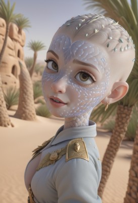 1girl,solo,breasts,looking at viewer,short hair,brown eyes,jewelry,upper body,braid,earrings,small breasts,outdoors,parted lips,teeth,day,blurry,from side,tree,lips,eyelashes,blurry background,looking up,sand,palm tree,scales,desert,jacket,open clothes,sky,uniform,open jacket,military,military uniform,epaulettes,realistic,nose,alien