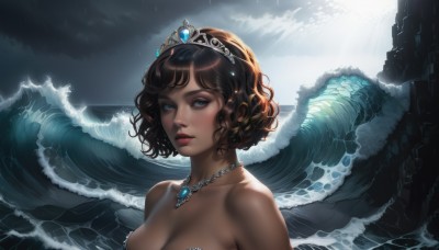 1girl,solo,breasts,looking at viewer,short hair,bangs,blue eyes,large breasts,brown hair,cleavage,bare shoulders,jewelry,medium breasts,closed mouth,collarbone,upper body,outdoors,parted lips,sky,day,artist name,cloud,dark skin,water,necklace,dark-skinned female,lips,eyelashes,strapless,makeup,ocean,wavy hair,sunlight,cloudy sky,tiara,gem,curly hair,light rays,nose,red lips,waves,pearl necklace,diadem,dress,earrings,crown,portrait,strapless dress,pendant,rain