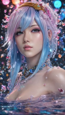 1girl,solo,long hair,breasts,looking at viewer,bangs,blue eyes,hair ornament,cleavage,bare shoulders,jewelry,medium breasts,blue hair,upper body,pink hair,sidelocks,nude,multicolored hair,hairband,parted lips,artist name,water,necklace,mole,blurry,lips,grey eyes,eyelashes,makeup,depth of field,blurry background,gem,portrait,eyeshadow,partially submerged,realistic,nose,mascara,green eyes,choker,petals,water drop