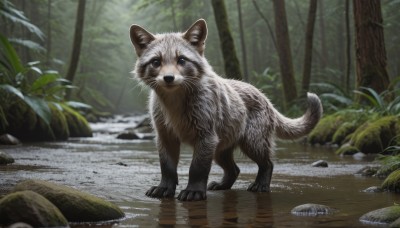 solo,looking at viewer,blue eyes,standing,full body,outdoors,day,water,blurry,tree,no humans,blurry background,animal,watermark,cat,plant,nature,web address,forest,reflection,rock,realistic,animal focus,puddle,pond,depth of field,whiskers