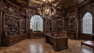 day,indoors,tree,book,no humans,window,chair,table,scenery,snow,desk,wooden floor,clock,bookshelf,lamp,architecture,winter,stool,shelf,bare tree,book stack,library,ceiling,carpet,candlestand,ceiling light,reflective floor,chandelier,wooden table,wooden chair,snowing,candle