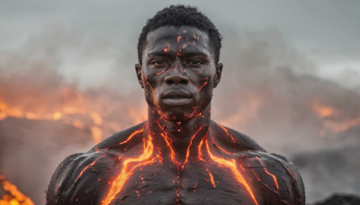 solo, looking at viewer, black hair, 1boy, upper body, male focus, outdoors, sky, teeth, dark skin, blurry, muscular, blurry background, dark-skinned male, fire