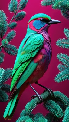 solo,simple background,closed mouth,full body,black eyes,from side,pokemon (creature),no humans,bird,animal,leaf,pink background,feathers,plant,red background,flying,realistic,animal focus,talons,beak,parrot,purple background