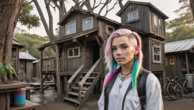 1girl,solo,looking at viewer,shirt,1boy,brown eyes,jewelry,white shirt,upper body,pink hair,white hair,male focus,multicolored hair,earrings,outdoors,parted lips,day,water,necklace,bag,two-tone hair,tree,lips,window,chair,piercing,backpack,feathers,plant,ground vehicle,t-shirt,building,ear piercing,realistic,bucket,feather hair ornament,house,bicycle,long hair