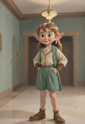 1girl,solo,long hair,looking at viewer,smile,blue eyes,brown hair,shirt,long sleeves,jewelry,closed mouth,green eyes,standing,full body,white shirt,ponytail,earrings,boots,shoes,shorts,pointy ears,belt,indoors,necklace,vest,shadow,brown footwear,child,pendant,hands on hips,hands in pockets,door,female child,green shorts,lips