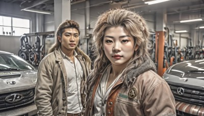 1girl,long hair,looking at viewer,blonde hair,brown hair,shirt,1boy,brown eyes,jewelry,jacket,white shirt,parted lips,multiple boys,collared shirt,artist name,indoors,black eyes,lips,coat,fur trim,makeup,ground vehicle,motor vehicle,brown jacket,realistic,nose,red lips,car,leather,vehicle focus,leather jacket,multiple girls,2girls,earrings,open clothes,belt,pants,signature,open jacket,wavy hair,lipstick,science fiction,hands in pockets,badge