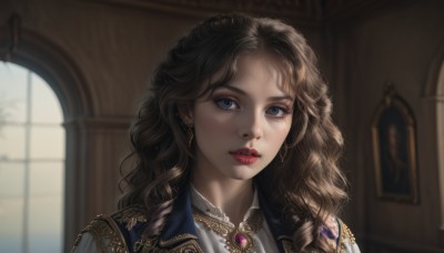 1girl,solo,long hair,looking at viewer,blue eyes,brown hair,shirt,jewelry,white shirt,earrings,parted lips,teeth,indoors,necklace,mole,blurry,lips,eyelashes,window,makeup,depth of field,blurry background,wavy hair,lipstick,brooch,gem,portrait,freckles,curly hair,realistic,red lips,bangs,nose