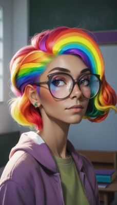 1girl,solo,looking at viewer,smile,short hair,blonde hair,shirt,brown eyes,jewelry,closed mouth,jacket,upper body,purple hair,multicolored hair,earrings,green hair,open clothes,glasses,artist name,indoors,hood,blurry,two-tone hair,open jacket,lips,streaked hair,book,eyelashes,window,hoodie,makeup,depth of field,blurry background,watermark,lipstick,eyeshadow,personification,black-framed eyewear,pink lips,realistic,nose,classroom,stud earrings,chalkboard,rainbow,rainbow gradient,rainbow hair,blue hair,pink hair,orange hair,thick eyebrows,hood down,t-shirt,portrait,hooded jacket,web address,zipper,round eyewear,green shirt,open hoodie,mascara,thick lips