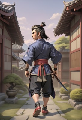 solo,black hair,1boy,holding,standing,full body,ponytail,weapon,male focus,outdoors,japanese clothes,sky,shoes,day,socks,looking back,pants,sword,artist name,cloud,kimono,from behind,holding weapon,tree,sash,tattoo,shadow,facial hair,watermark,holding sword,black pants,thick eyebrows,katana,building,red footwear,sheath,web address,walking,short ponytail,rock,blue kimono,architecture,east asian architecture,topknot,short sword,blue sky,sandals,grass