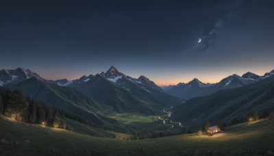 outdoors,sky,cloud,tree,no humans,night,moon,grass,fire,star (sky),nature,night sky,scenery,forest,starry sky,lantern,mountain,crescent moon,landscape,mountainous horizon,campfire,smoke,tent