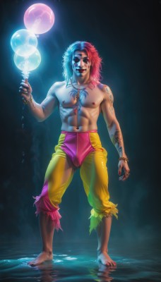 solo,long hair,looking at viewer,smile,red eyes,1boy,navel,jewelry,nipples,blue hair,standing,full body,pink hair,male focus,red hair,multicolored hair,barefoot,pants,artist name,water,necklace,nail polish,bracelet,two-tone hair,torn clothes,tattoo,muscular,colored skin,heterochromia,piercing,abs,ring,toned,topless male,realistic,blue skin,magic,balloon,torn pants,lip piercing,yellow pants,clown,makeup,glowing,watermark,facial mark,web address,freckles,bubble,bulge,bangle,facial tattoo