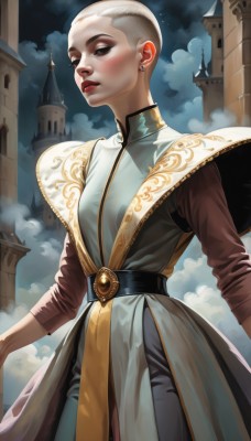 1girl,solo,breasts,blush,short hair,long sleeves,dress,jewelry,standing,white hair,cowboy shot,earrings,outdoors,parted lips,sky,belt,pants,cloud,black eyes,lips,makeup,night,cloudy sky,lipstick,building,robe,nose,red lips,stud earrings,very short hair,castle,looking at viewer,brown eyes,closed mouth,night sky,black belt