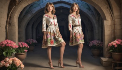 long hair,looking at viewer,short hair,multiple girls,brown hair,long sleeves,dress,2girls,brown eyes,closed mouth,standing,full body,flower,shoes,belt,indoors,medium hair,white dress,high heels,lips,makeup,shadow,floral print,sandals,plant,lipstick,pink flower,toenails,realistic,arms at sides,toenail polish,red lips,vase,arch,siblings,sisters