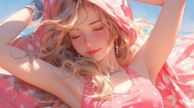 1girl,solo,long hair,breasts,blush,smile,blonde hair,dress,bare shoulders,jewelry,medium breasts,closed mouth,closed eyes,upper body,earrings,outdoors,lying,sky,sleeveless,day,on back,armpits,necklace,arms up,bracelet,blue sky,lips,eyelashes,makeup,sleeveless dress,wavy hair,beach,sunlight,pink dress,facing viewer,red lips,shade,brown hair,polka dot,pink shirt,pink lips