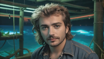 solo,looking at viewer,smile,brown hair,shirt,1boy,brown eyes,closed mouth,jacket,upper body,male focus,water,facial hair,portrait,beard,realistic,mustache,stubble,animification,blonde hair,hair ornament,blurry,lips,blurry background,denim,nose